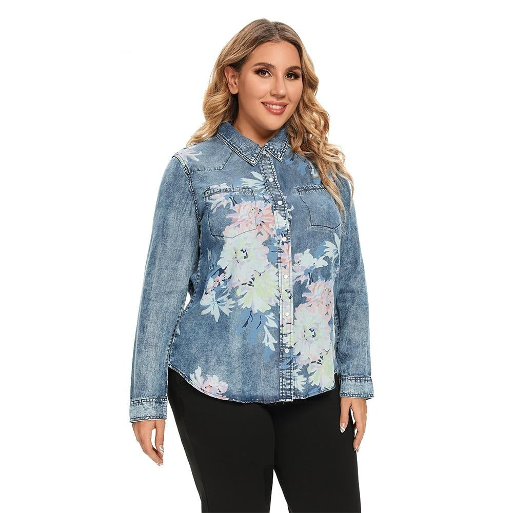 Damen Blusen Große Größen Denim Tops Shirt Sommer Shirt Freizeit Shirt Bedruckte Gewebte Denim Langarmblusen