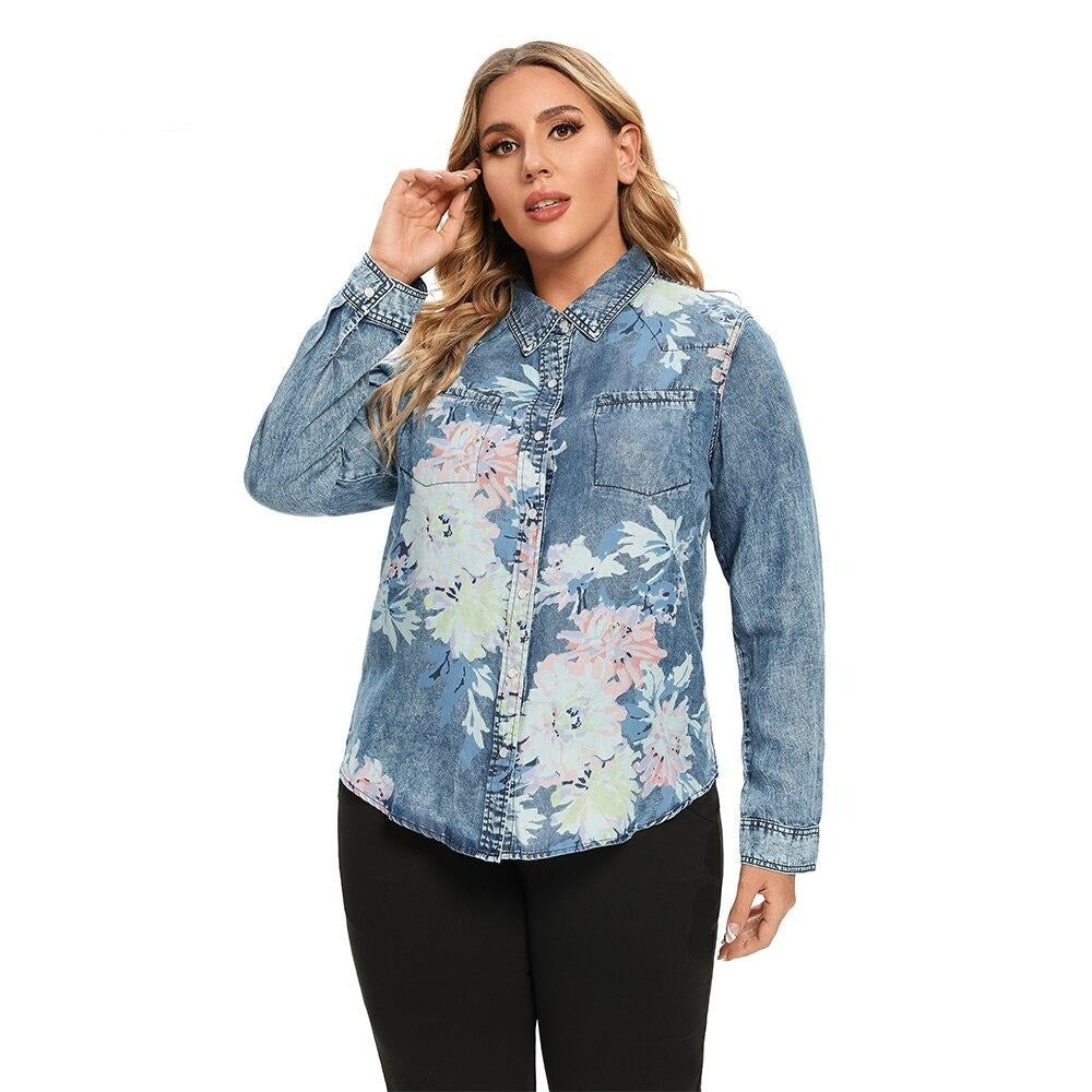 Damen Blusen Große Größen Denim Tops Shirt Sommer Shirt Freizeit Shirt Bedruckte Gewebte Denim Langarmblusen