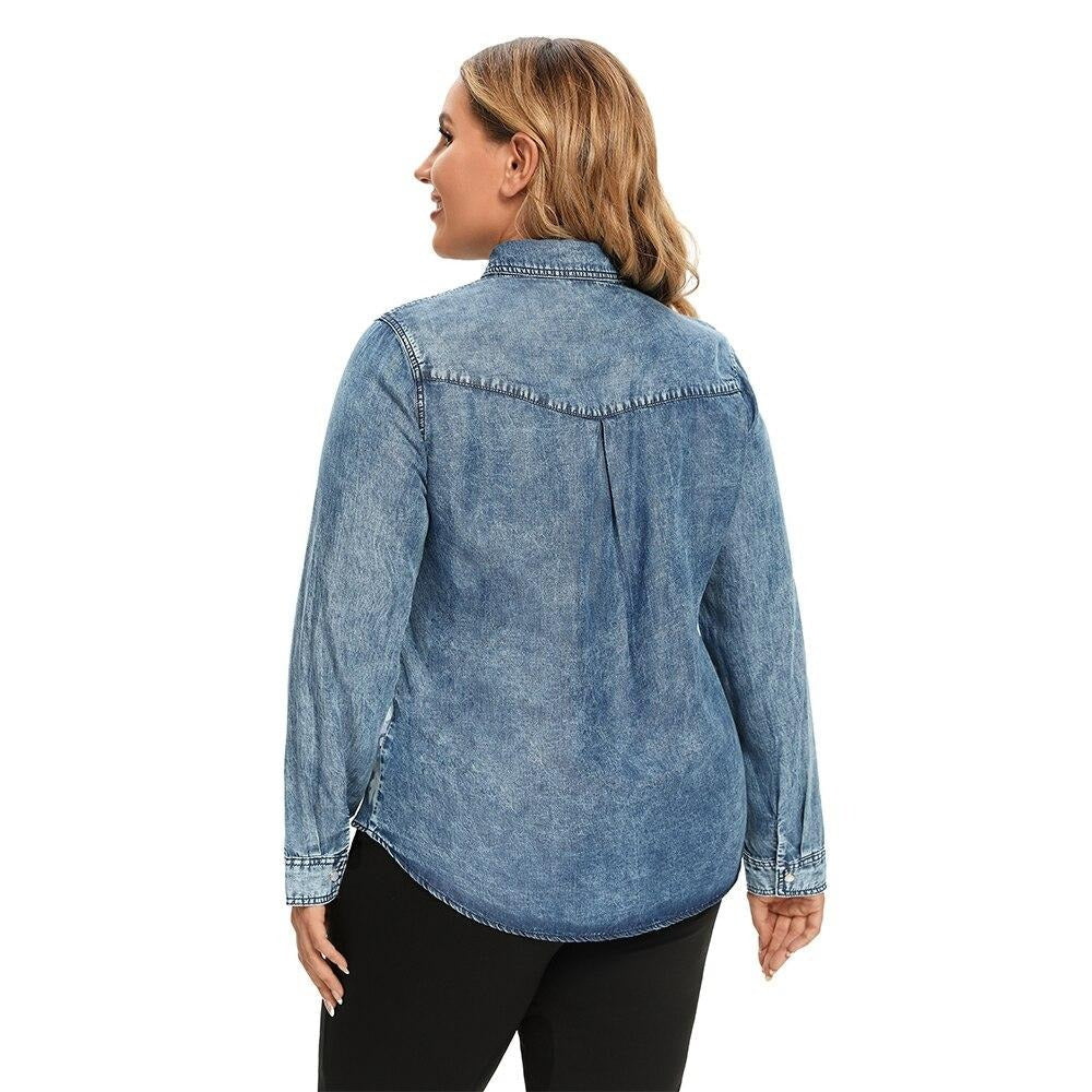 Damen Blusen Große Größen Denim Tops Shirt Sommer Shirt Freizeit Shirt Bedruckte Gewebte Denim Langarmblusen
