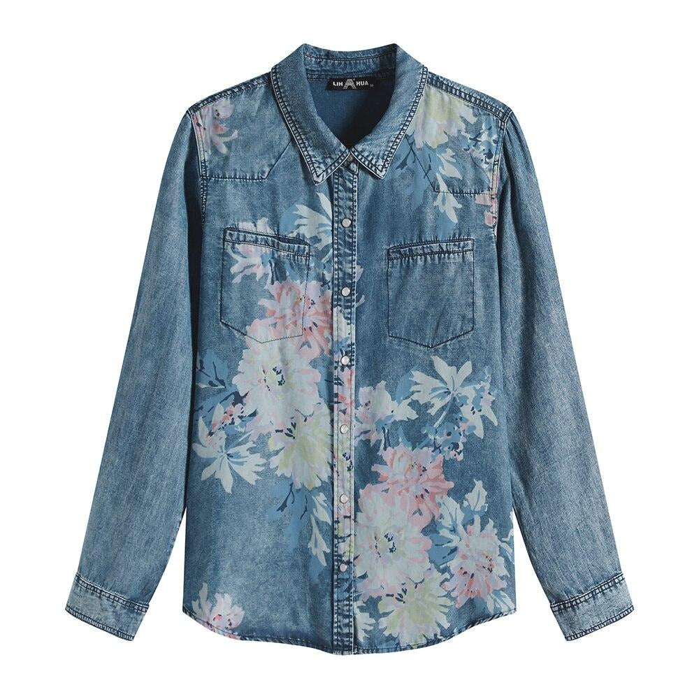 Damen Blusen Große Größen Denim Tops Shirt Sommer Shirt Freizeit Shirt Bedruckte Gewebte Denim Langarmblusen