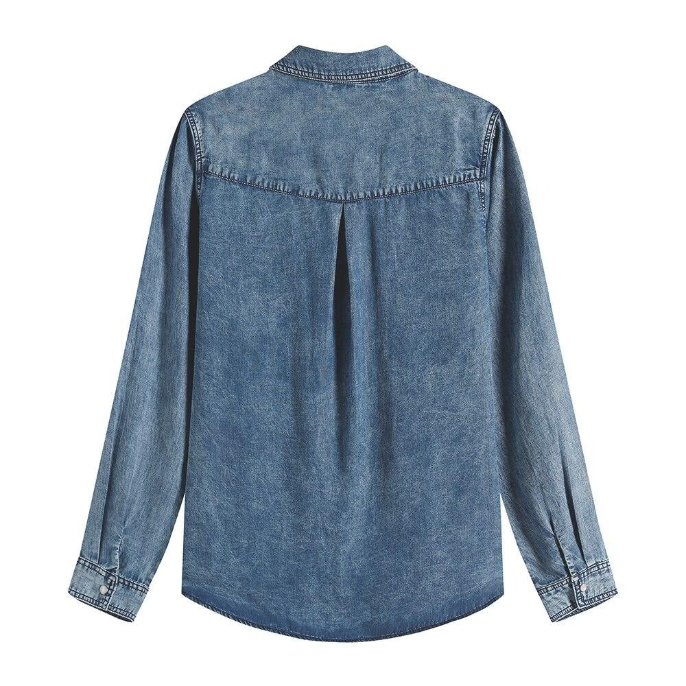 Damen Blusen Große Größen Denim Tops Shirt Sommer Shirt Freizeit Shirt Bedruckte Gewebte Denim Langarmblusen