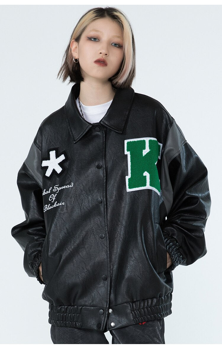 Jacke Herren Buchstaben Stickerei Patch Lederjacken Herbst Retro Baggy Punk Mode Coole Jacken Oberbekleidung Paar Streetwear