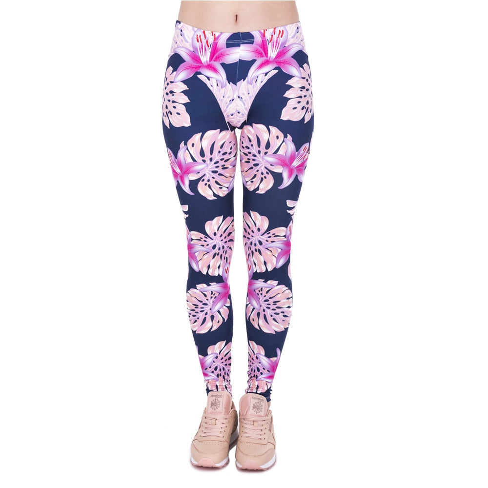Rosa Vegetationsdruck Mode Frauen Leggings Damen Freizeit Leggings Hohe Taille Leggings
