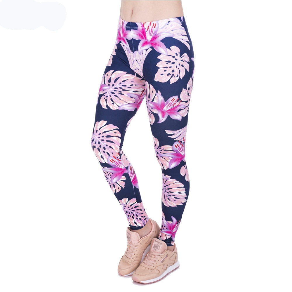 Rosa Vegetationsdruck Mode Frauen Leggings Damen Freizeit Leggings Hohe Taille Leggings