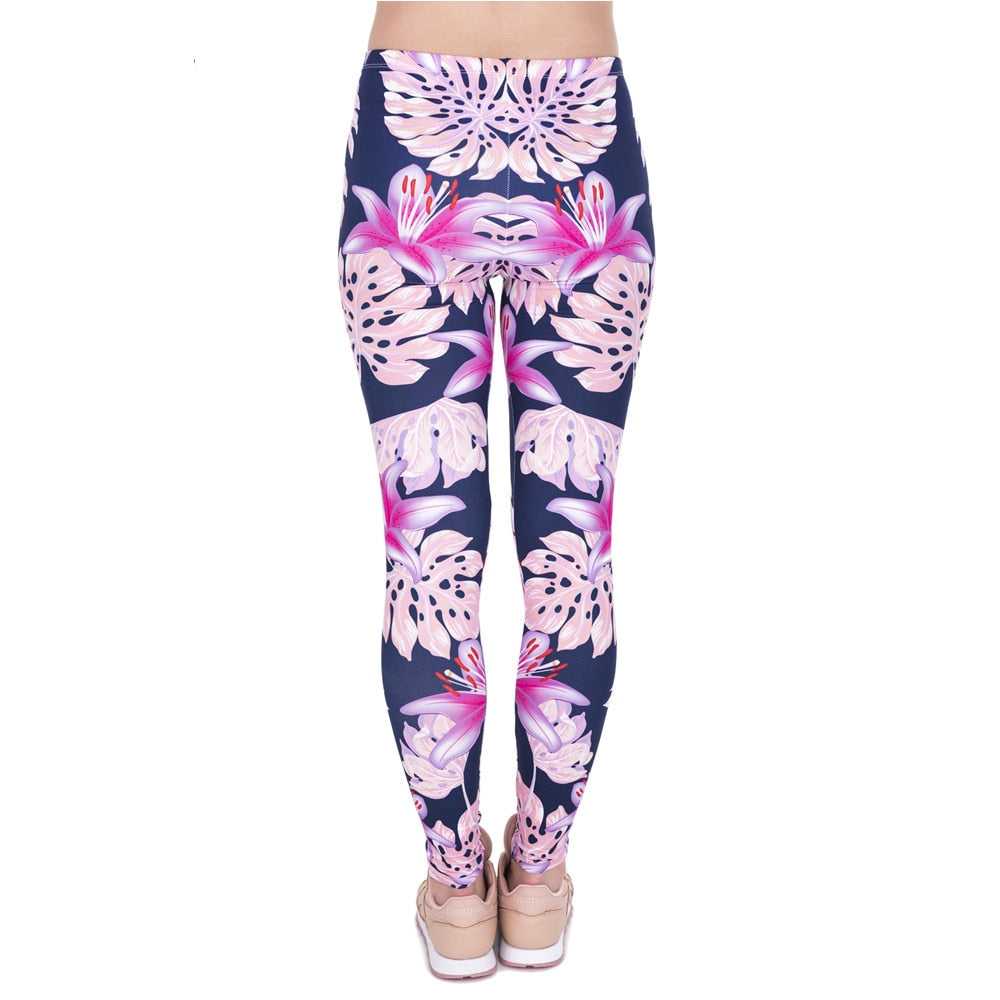 Rosa Vegetationsdruck Mode Frauen Leggings Damen Freizeit Leggings Hohe Taille Leggings