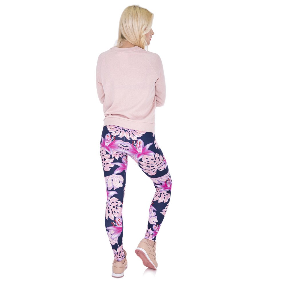 Rosa Vegetationsdruck Mode Frauen Leggings Damen Freizeit Leggings Hohe Taille Leggings