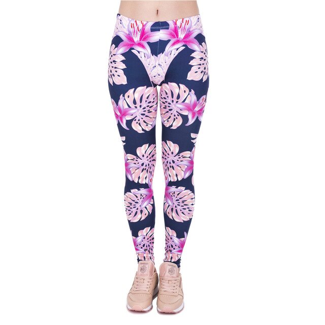 Rosa Vegetationsdruck Mode Frauen Leggings Damen Freizeit Leggings Hohe Taille Leggings